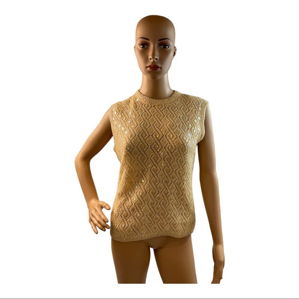 Vintage Cyn Les Women’s Shirt Top Ivory Wool All Over Beaded Sweater Size M